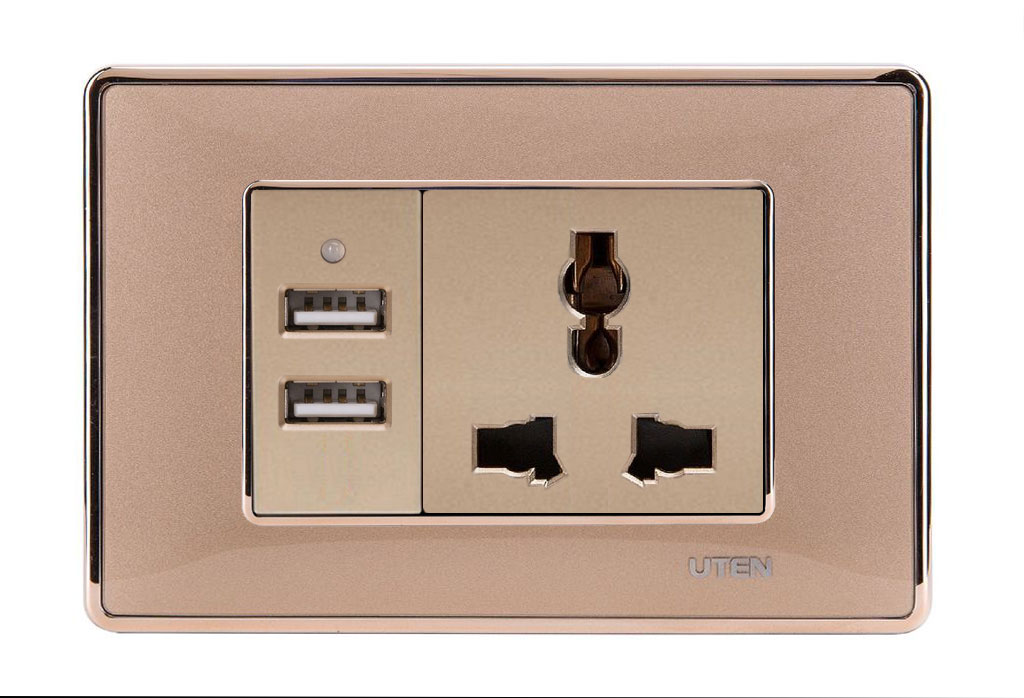 Bộ ổ cắm USB và 3 chấu đa năng uten Q120D Gold viền trơn