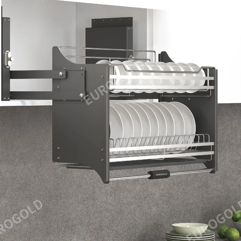 Giá bát đĩa nâng hạ inox 304 nan tròn khung màu ghi EUI304160 – Eurogold