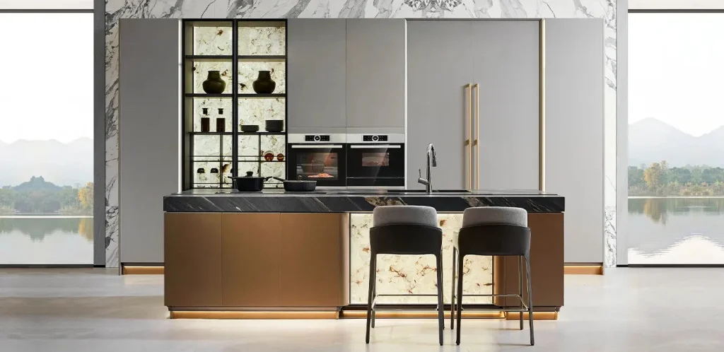 Tủ bếp gỗ công nghiệp phong cách châu Âu hiện đại kèm đảo bếp – HOUMAS