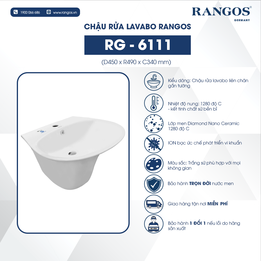 Chậu rửa lavabo liền chân Rangos RG- 6111