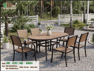 Bộ bàn tròn Oval 6 ghế gỗ nhựa Polywood