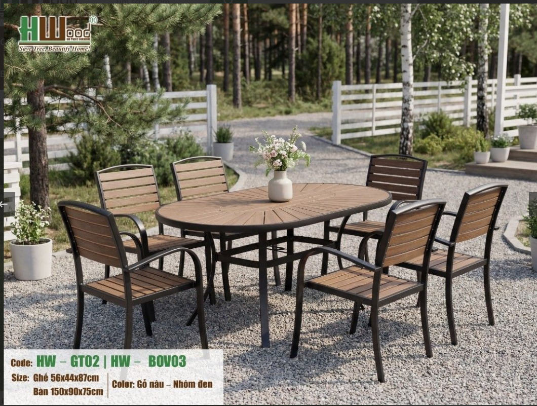 Bộ bàn tròn Oval 6 ghế gỗ nhựa Polywood
